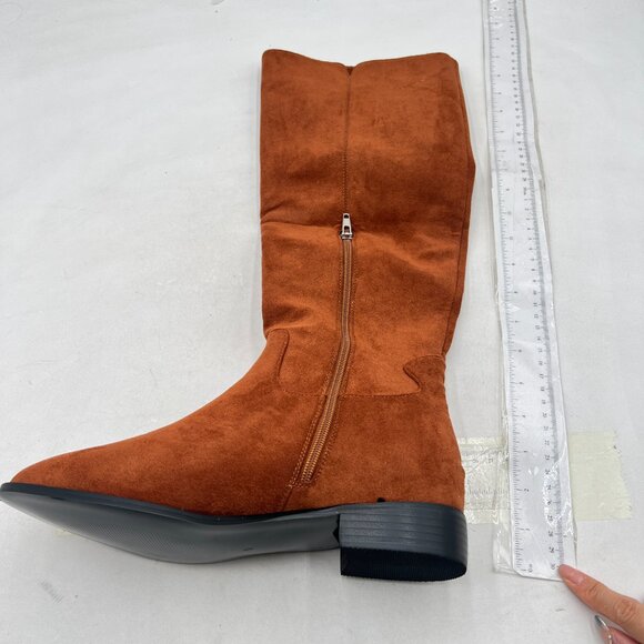 Brown Suede Almond Toe Low Heel Stretchy Long Boot Side Zipper Knee High Boots - Picture 2 of 8